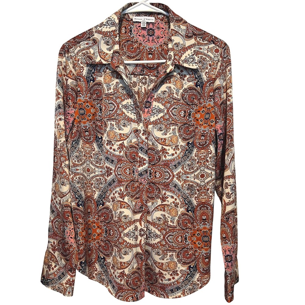 Maison d'Amélie Paris Size M Paisley Long Sleeve Top Orange Pink Boho 70's Retro